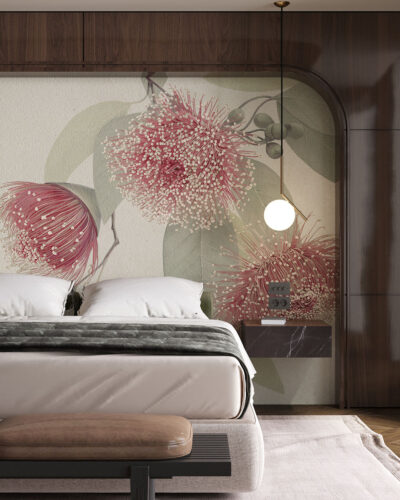 Maximalistic floral wall mural for the bedroom with delicate leaves