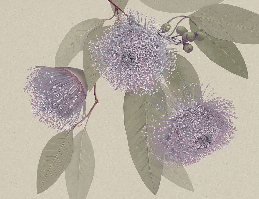 Maximalistic purple flowers with delicate leaves wall mural