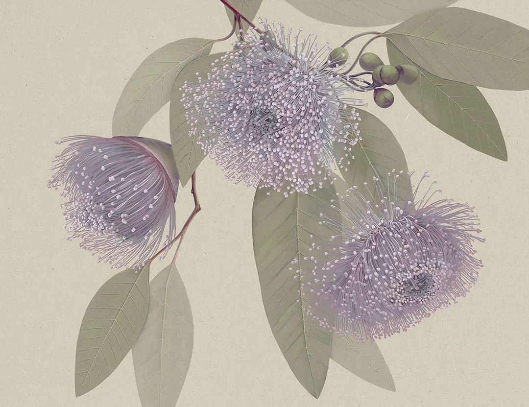Maximalistic purple flowers with delicate leaves wall mural