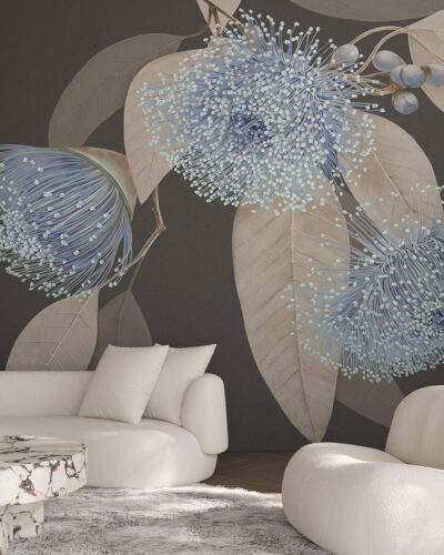 Dark delicate maximalistic floral wall mural for the living room with delicate leaves