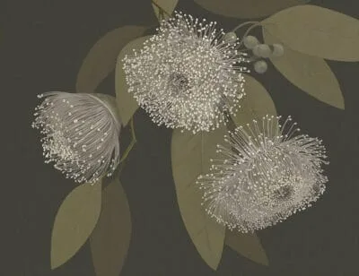 Dark delicate maximalistic floral wall mural with delicate leaves on gray background