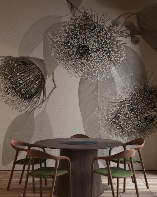 Black and white delicate maximalistic floral wall mural for the kitchen with delicate leaves
