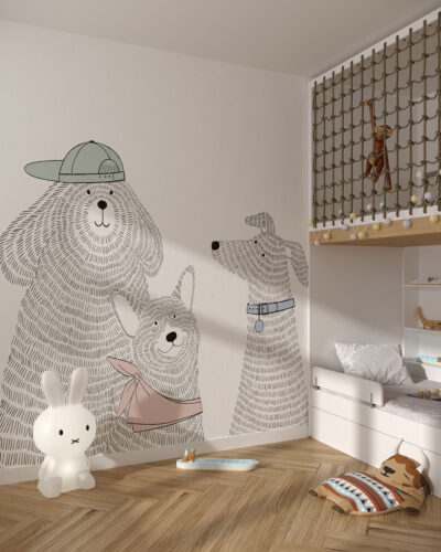 Minimalistic graphic-styled wall mural for a children's room with three puppies