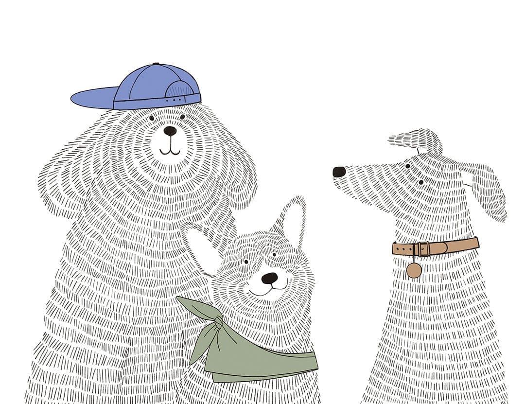 Minimalistic graphic-styled wall mural with three funny puppies
