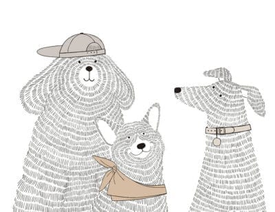 Minimalistic graphic-styled wall mural with three puppies in accessories