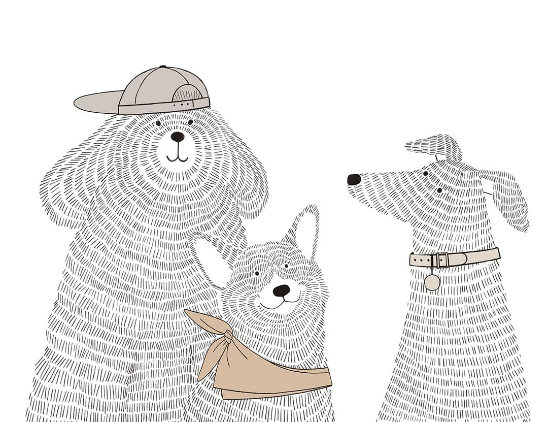Minimalistic graphic-styled wall mural with three puppies in accessories