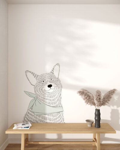 Minimalistic graphic-styled wall mural for a children's room with a Corgi dog