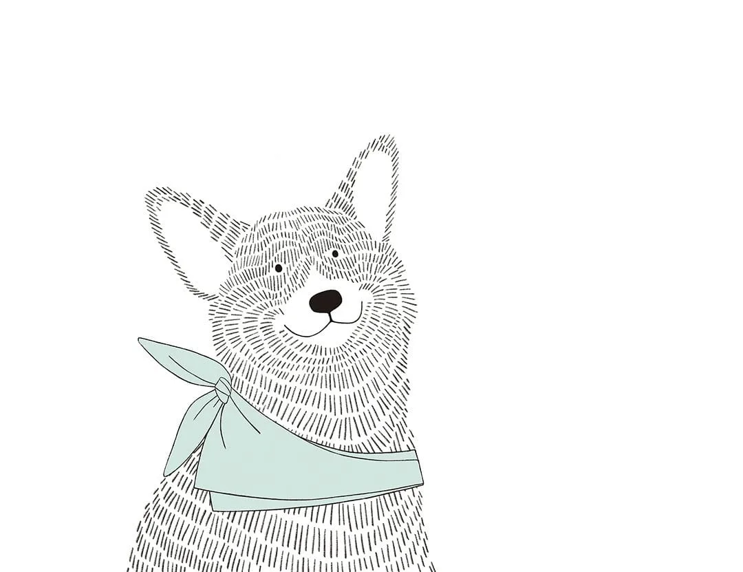 Minimalistic graphic-styled wall mural with a Corgi dog in blue shawl