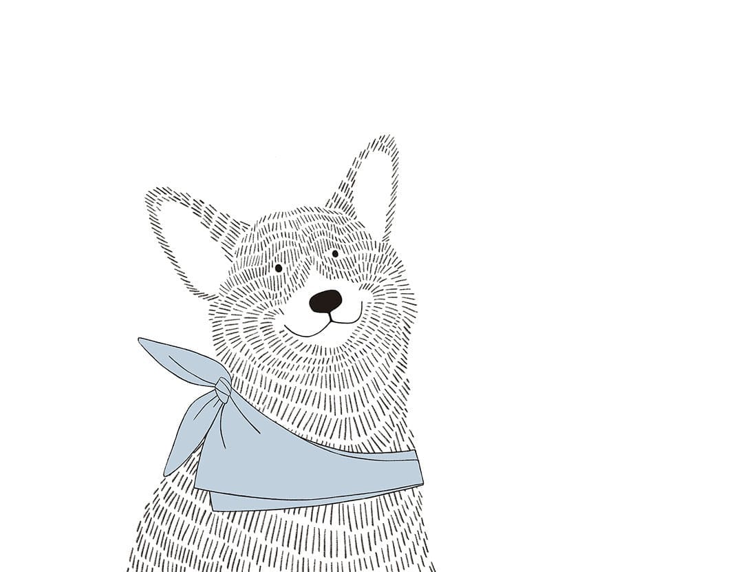 Minimalistic graphic-styled wall mural with a Corgi dog in indigo shawl