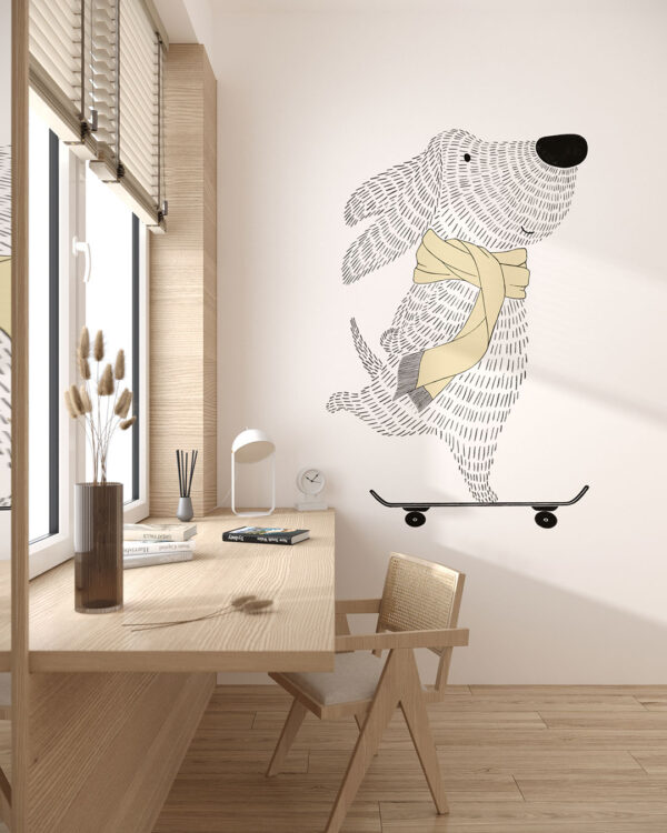 Minimalistic graphic-styled wall mural for a children's room with a dog on a skateboard