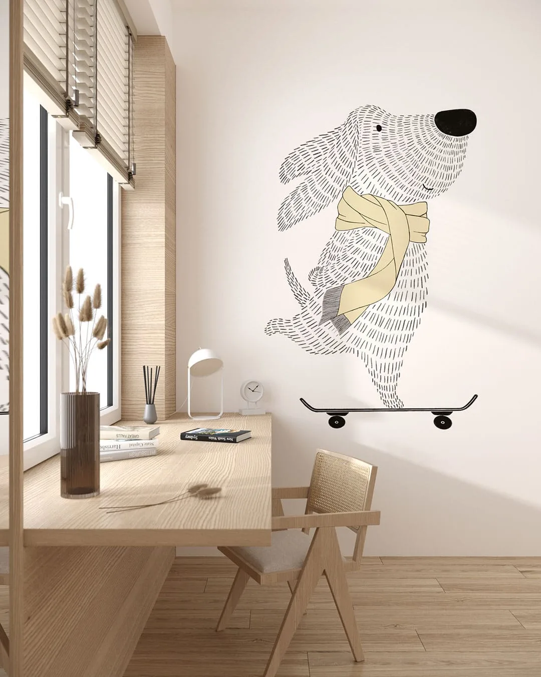 Wall Mural Snoopy for a children's room - kith2kin.com Minimalistic graphic-styled wall mural for a children's room with a dog on a skateboard