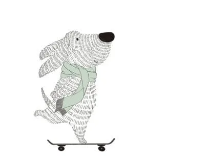 Minimalistic graphic-styled wall mural with a dog on a skateboard in blue scarf