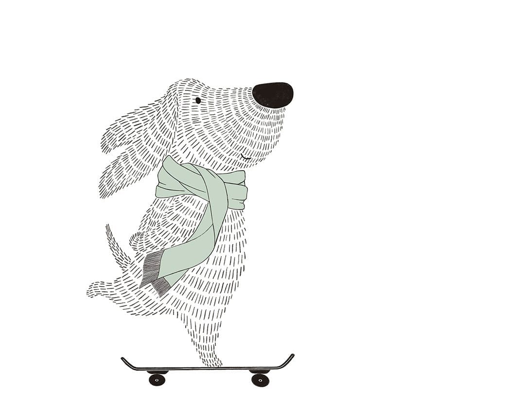 Minimalistic graphic-styled wall mural with a dog on a skateboard in blue scarf