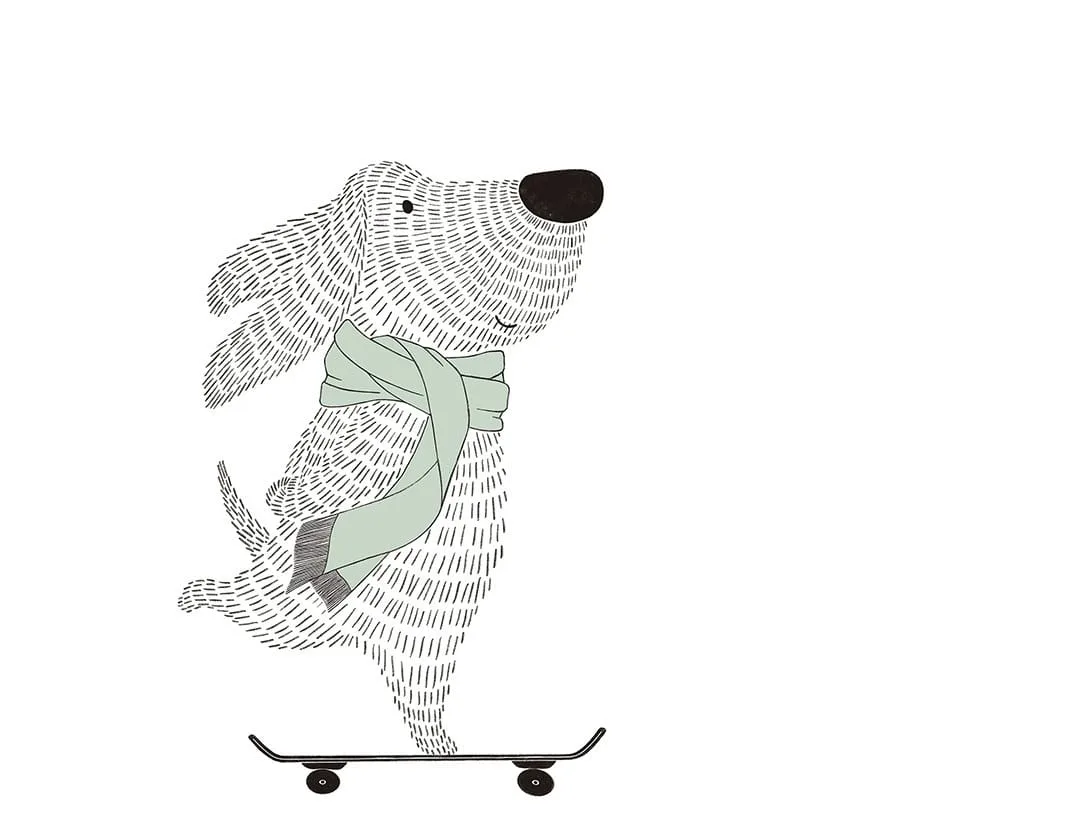 Minimalistic graphic-styled wall mural with a dog on a skateboard in blue scarf