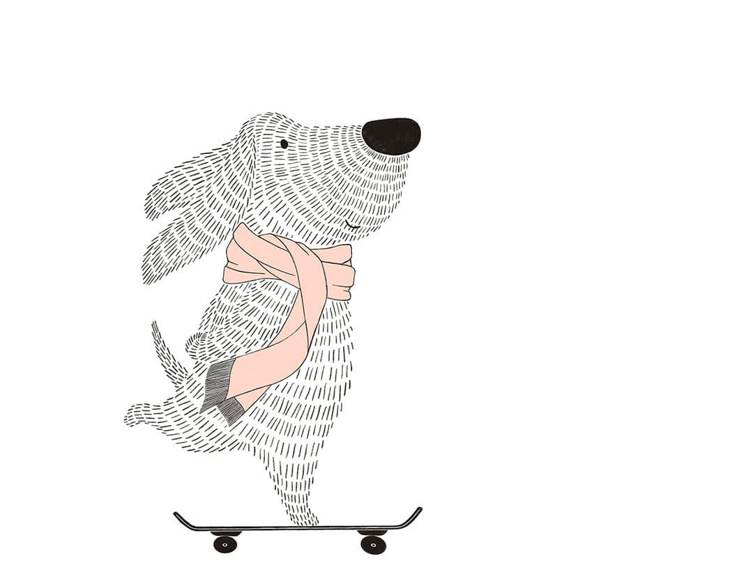 Minimalistic graphic-styled wall mural with a dog on a skateboard in pink scarf