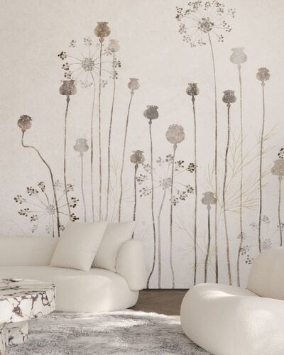 Delicate minimalist plants and dandelions wall mural for the living room