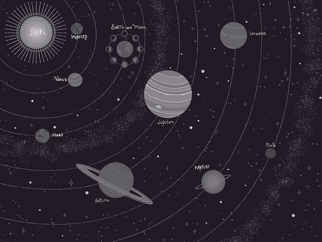 Planets of the solar system with titles black wall mural