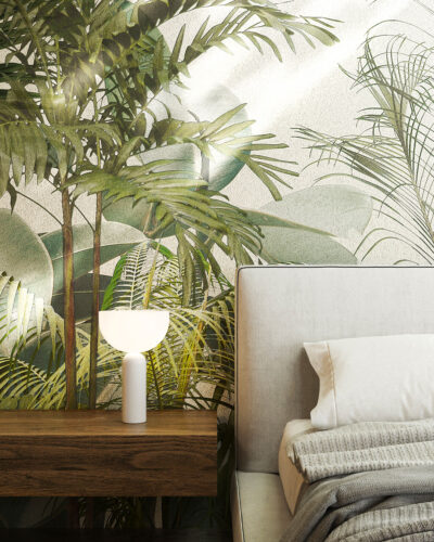 Tropical leaves and trees in green shades wall mural for the bedroom