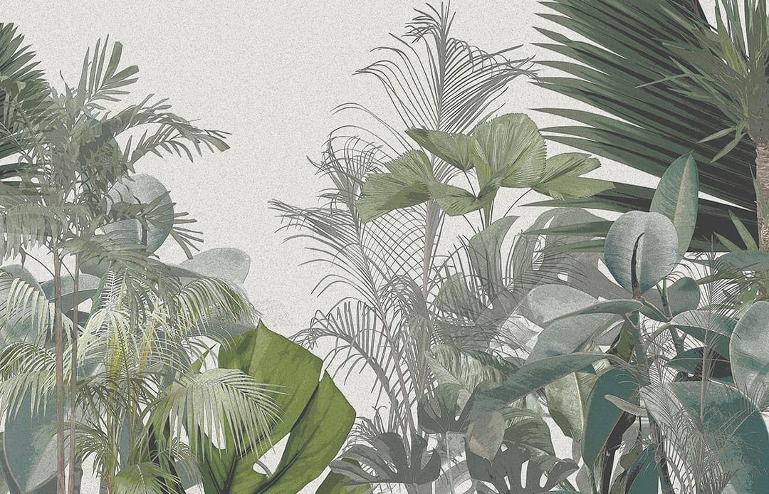 Lush tropical leaves and trees in green shades wall mural