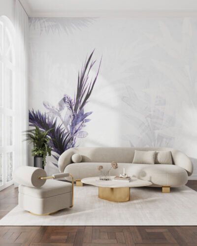 Light gray tender tropical leaves watercolor wall mural for the living room