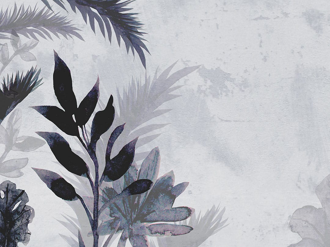 Light gray tender tropical leaves on the textured background watercolor wall mural