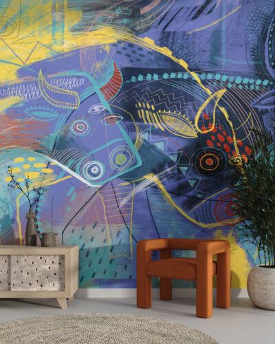 Vivid abstract fantasy buffalo inspired by Maria Prymachenko’s art wall mural for the living room