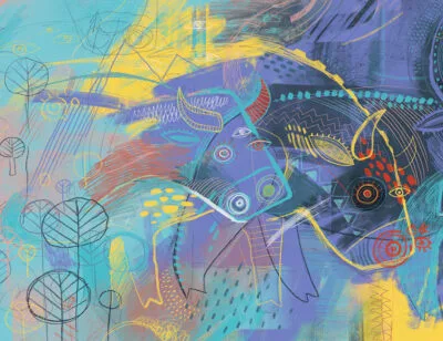 Vivid abstract fantasy buffalo wall mural