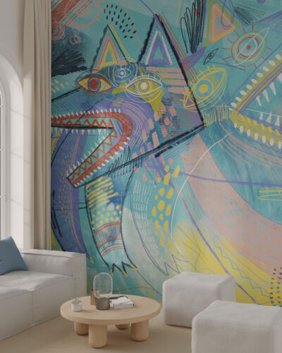 Vibrant fantastic hybrid creatures resembling wolves inspired by Maria Prymachenko’s art wall mural for the living room