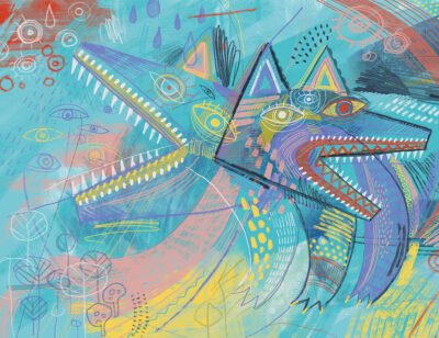Vibrant fantastic hybrid creatures resembling wolves wall mural