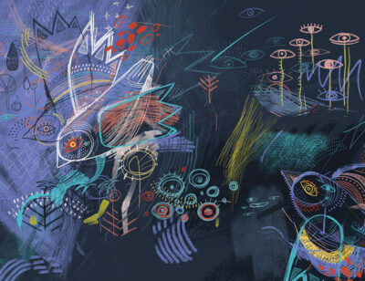 Dark abstract flowers and birds naiv art wall mural