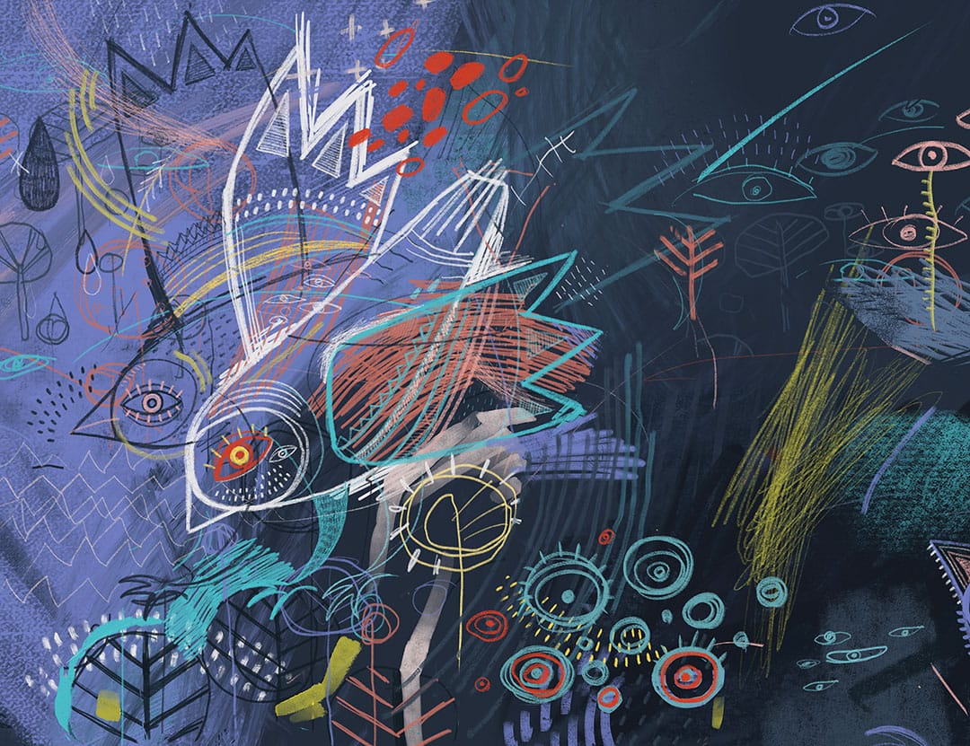Dark big abstract flowers and birds naiv art wall mural