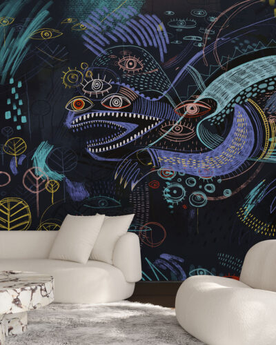 Dark abstract fantastic creature inspired by Maria Prymachenko’s art wall mural for the living room
