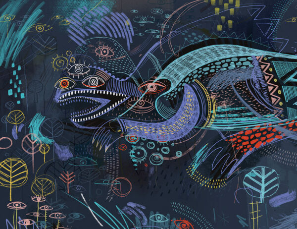 Dark abstract fantastic creature inspired by Maria Prymachenko’s art wall mural