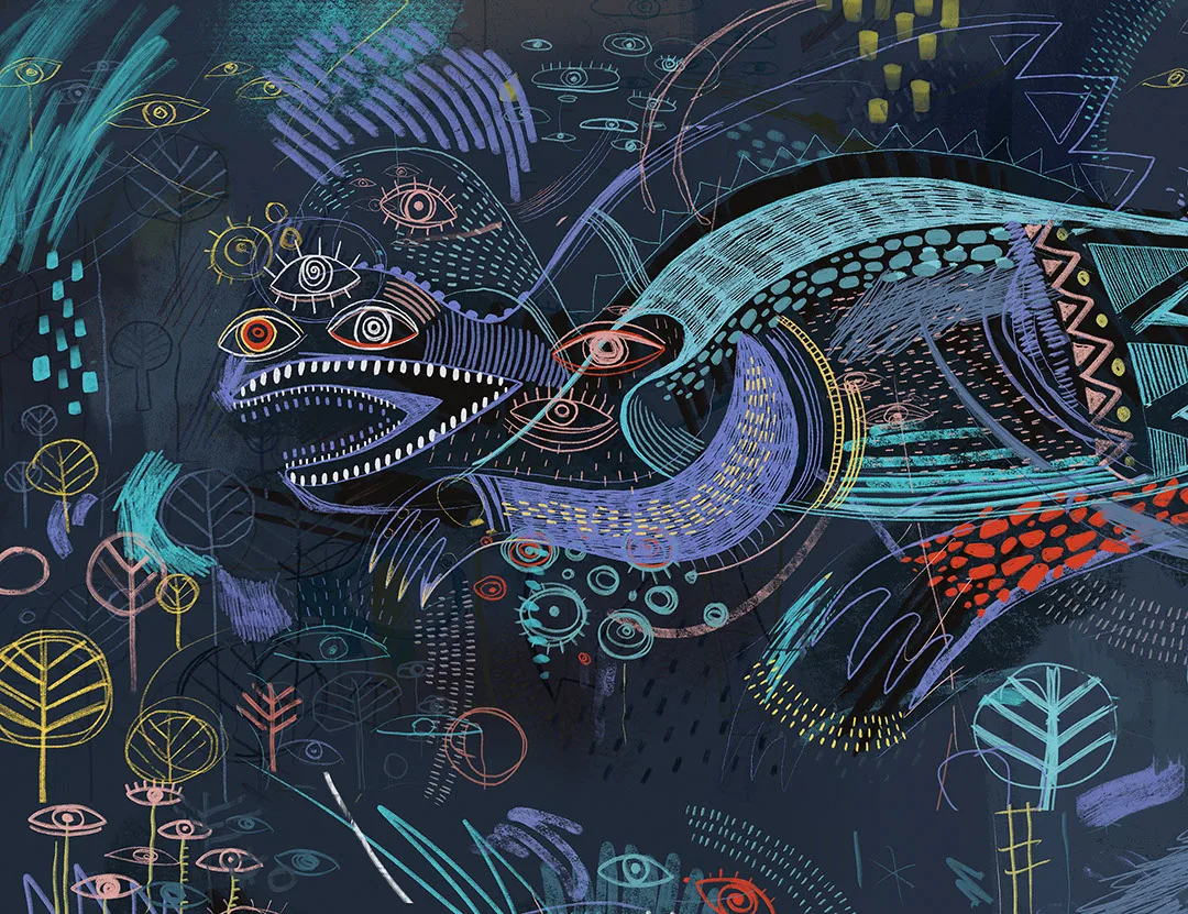 Dark abstract fantastic creature inspired by Maria Prymachenko’s art wall mural