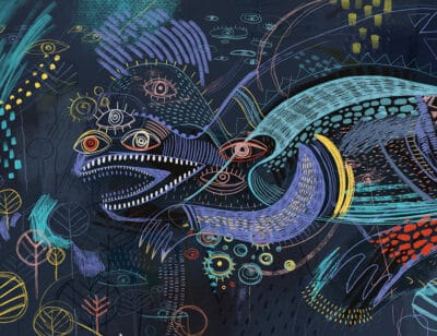 Dark big abstract fantastic creature inspired by Maria Prymachenko’s art wall mural