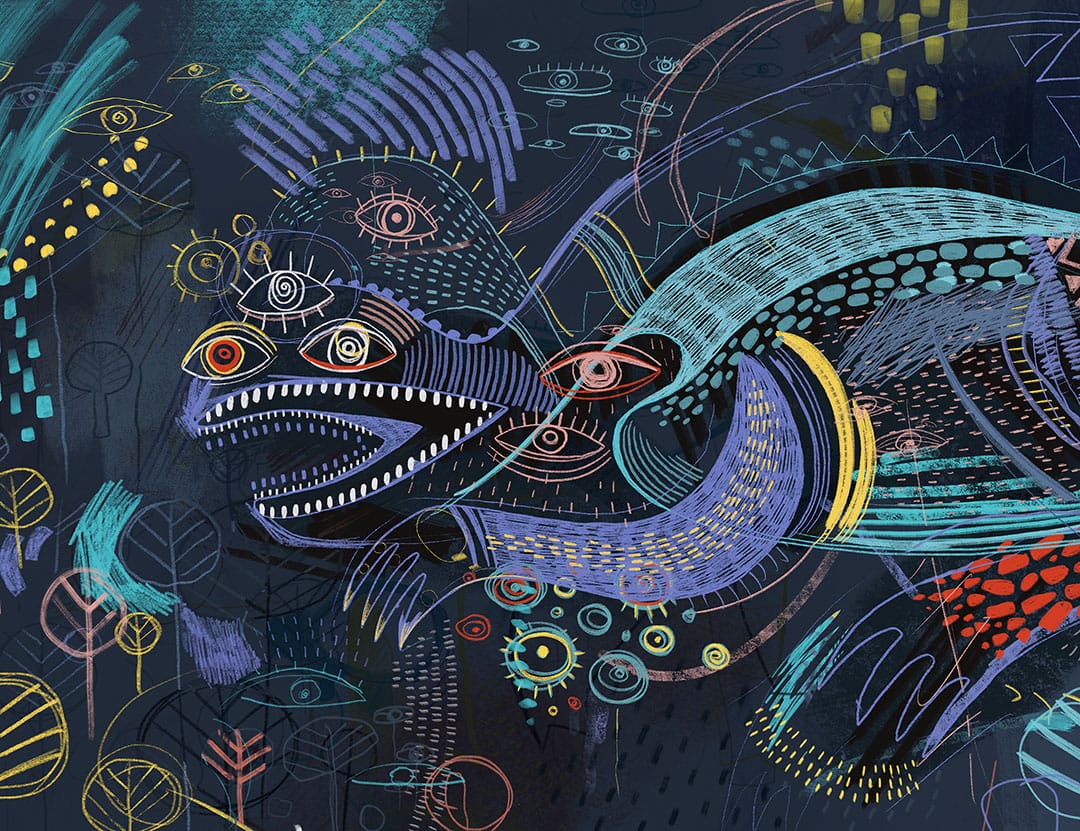 Dark big abstract fantastic creature inspired by Maria Prymachenko’s art wall mural
