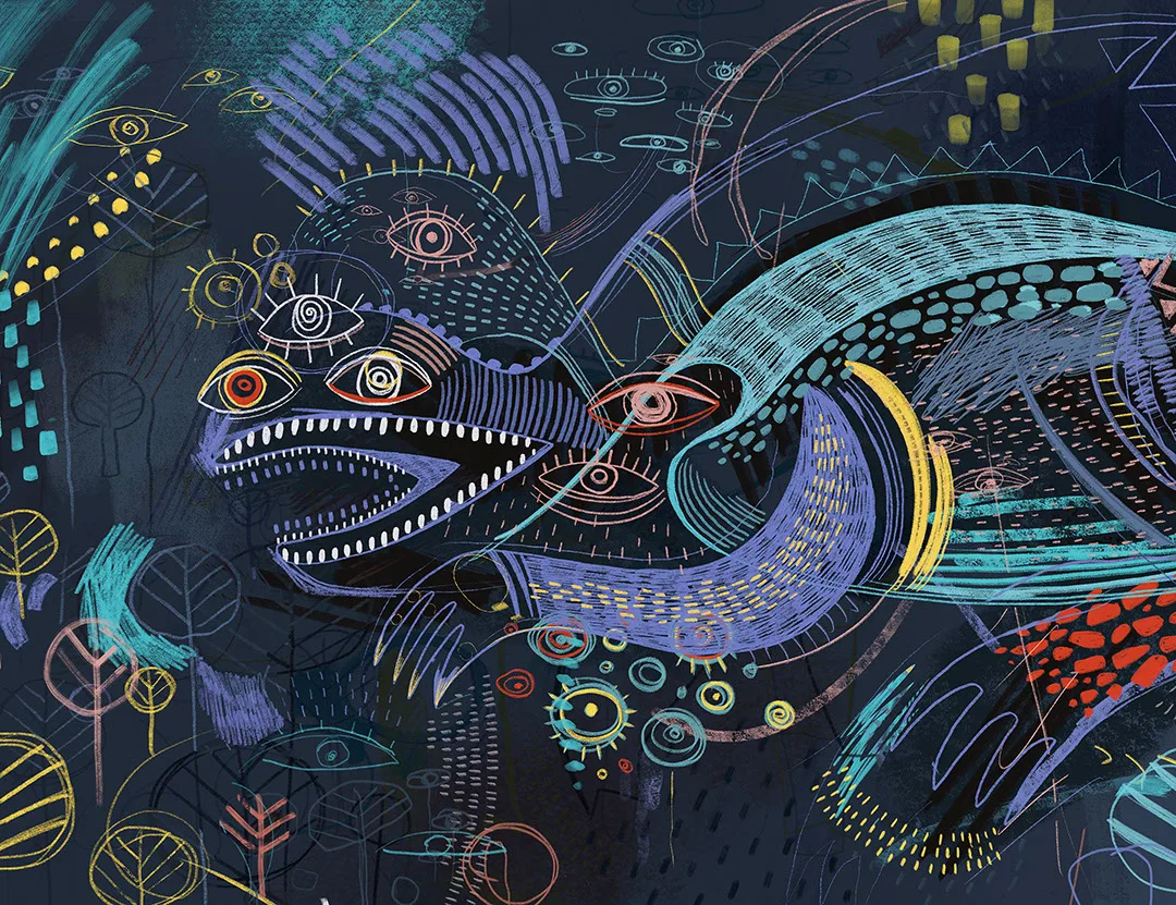 Dark big abstract fantastic creature inspired by Maria Prymachenko’s art wall mural