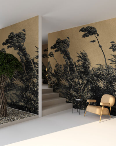 Beige vintage etching wall mural for the living room with forest trees