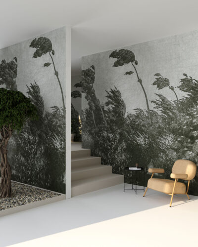 Vintage etching forest wall mural for the living room