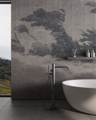 Grey vintage etching wall mural for the bath with forest trees