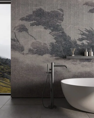 Gray vintage etching wall mural for the bath with forest trees