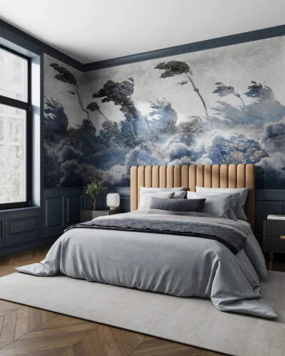 Blue vintage etching wall mural for the bedroom with forest trees
