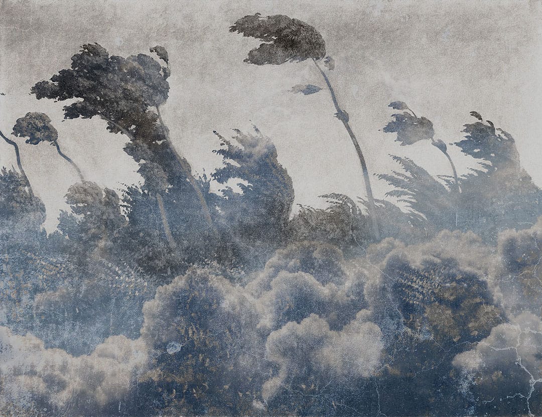 Blue vintage etching textured wall mural with forest trees