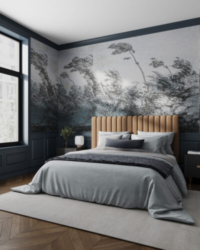 Vintage gray etching forest wall mural for the bedroom