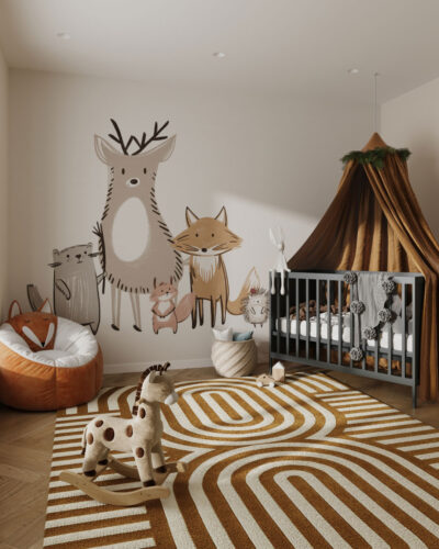 Minimalistic animals print in neutral and beige colors wall mural for a children's room