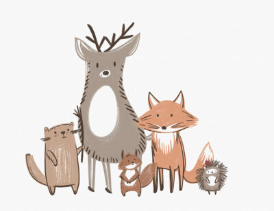 Minimalistic animals print in neutral colors on the white background kids wall mural