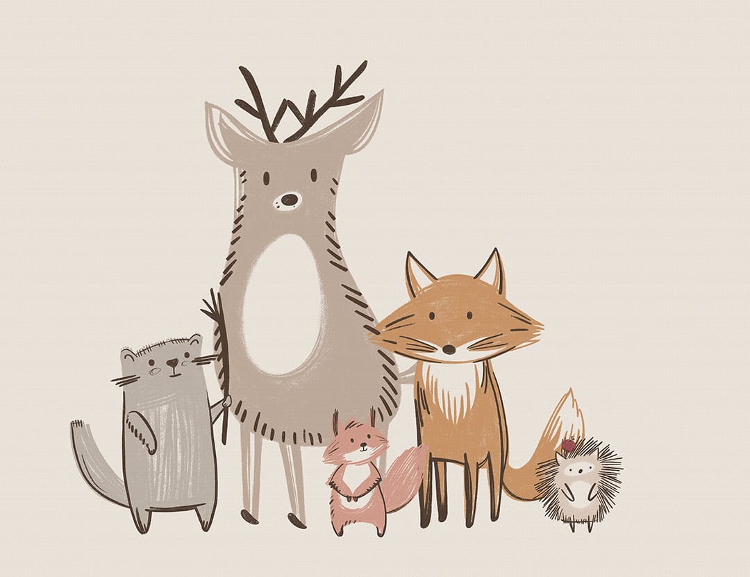 Minimalistic animals print in neutral colors on the beige background kids wall mural