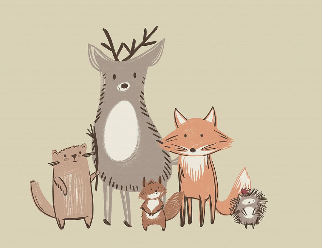 Minimalistic animals print in neutral colors on the pastel background kids wall mural