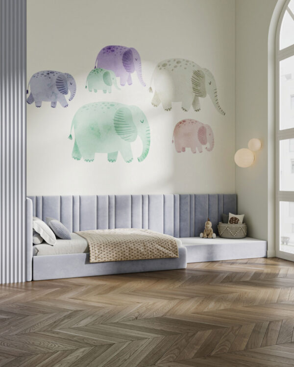 Watercolor minimalistic elephants wall mural for a children's room