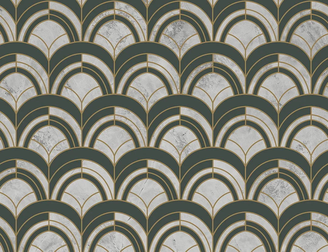 Navy green and gray geometric Art Deco print patterned wallpaper
